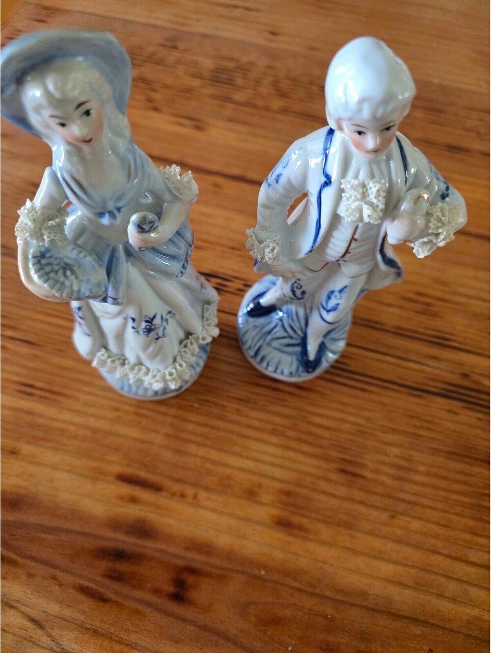 Vintage Porcelain Blue and White Figurine Couple Set with Lace Detailing